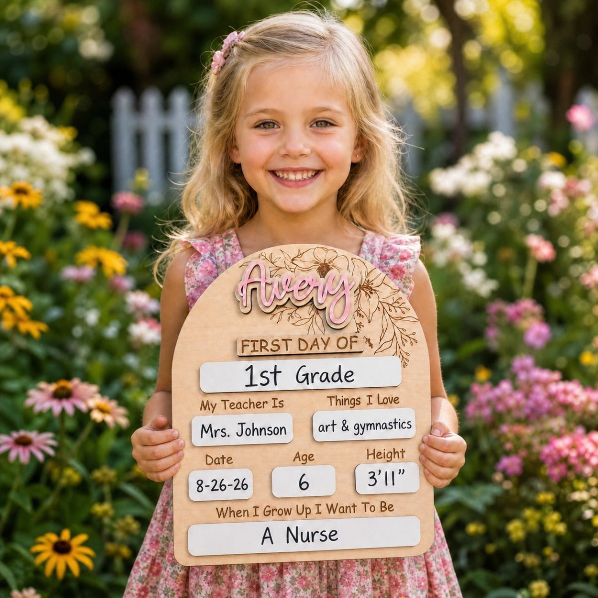 Personalized floral arch first day of school sign Avery in pink girl holding sign surrounded by pink flowers lifestyle photo