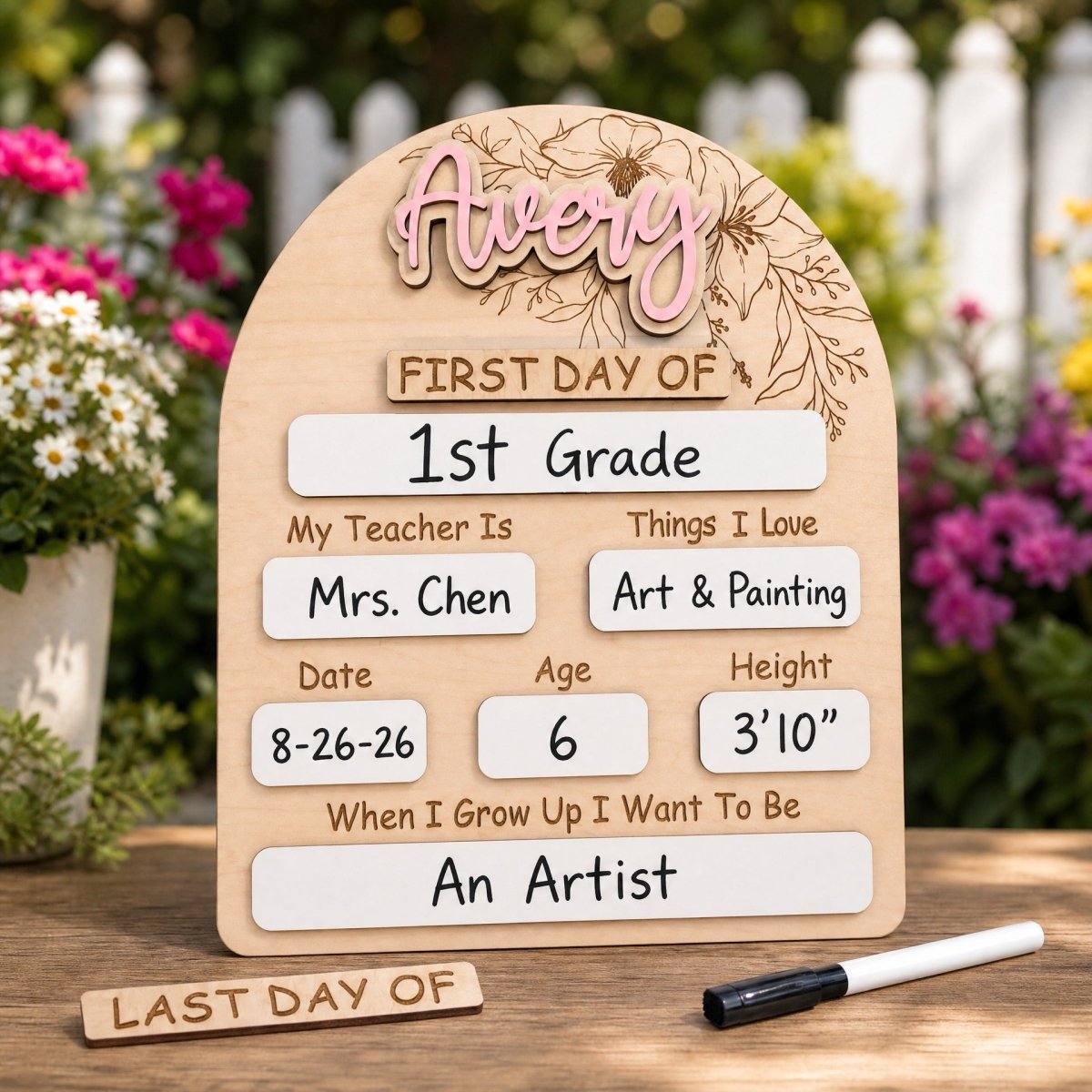 Personalized floral arch first day of school sign Avery standalone colorful garden lifestyle photo maple wood