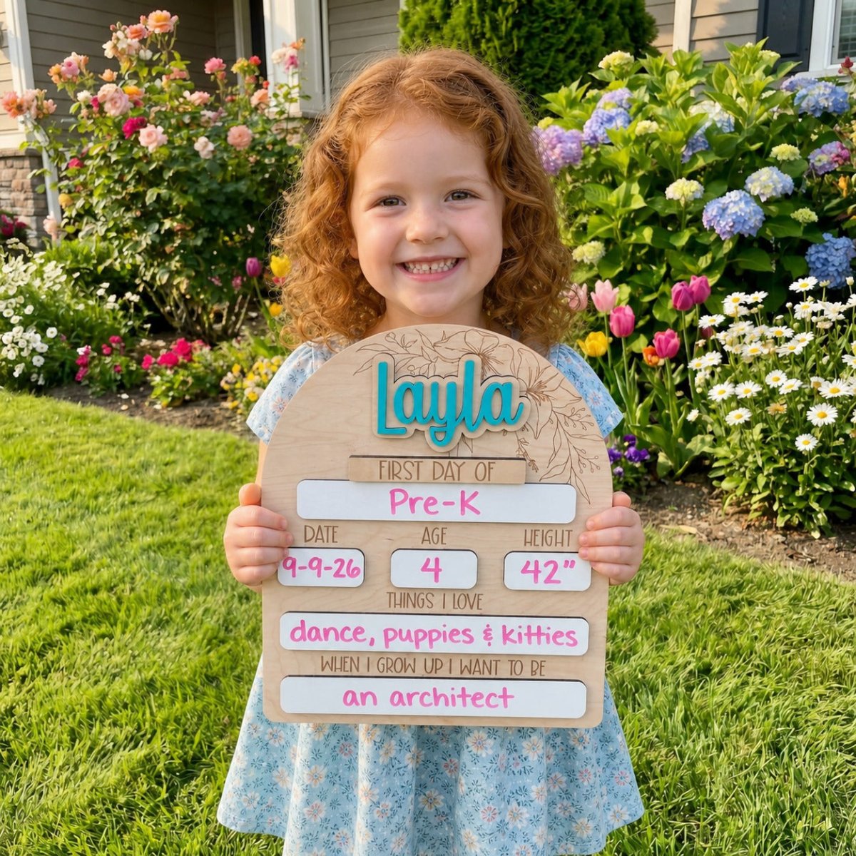 Personalized floral arch first day of school sign Layla in teal girl holding sign in flower garden lifestyle photo
