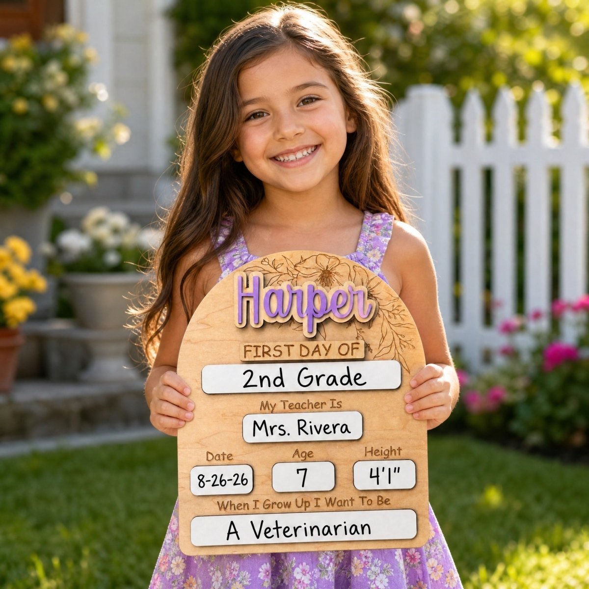 Personalized floral arch first day of school sign Harper in lilac girl holding sign in sunny garden lifestyle photo
