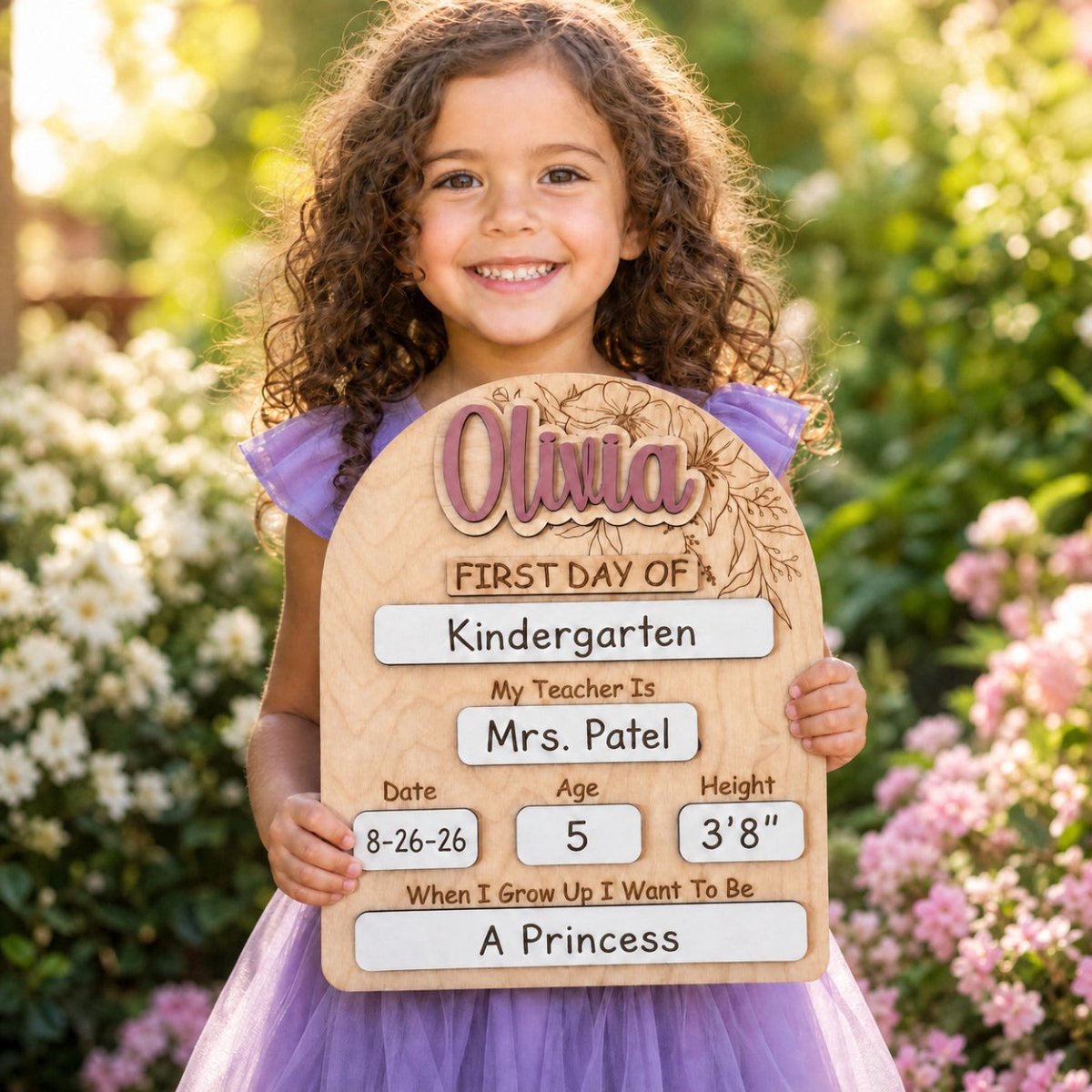 Personalized floral arch first day of school sign Olivia in mauve girl holding sign with white and pink flowers lifestyle photo