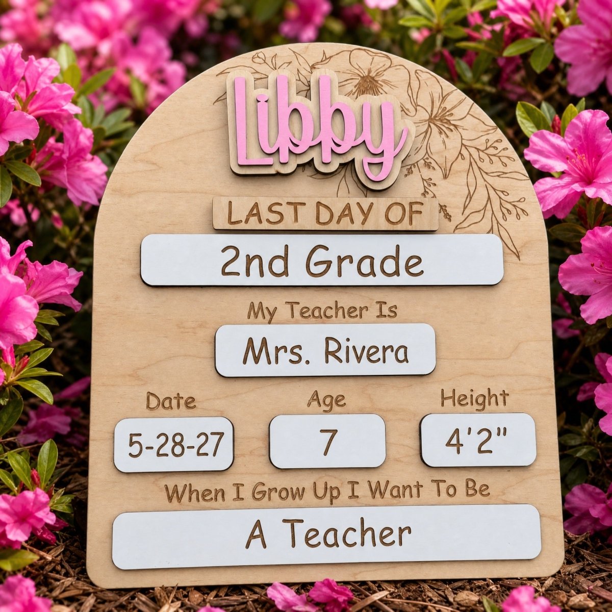 Personalized floral arch first day of school sign Libby standalone pink azalea garden lifestyle photo maple wood
