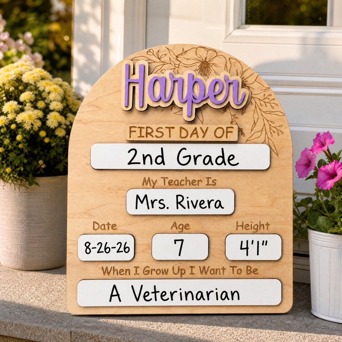 Personalized floral arch first day of school sign Harper standalone sunny garden lifestyle photo maple wood engraved florals