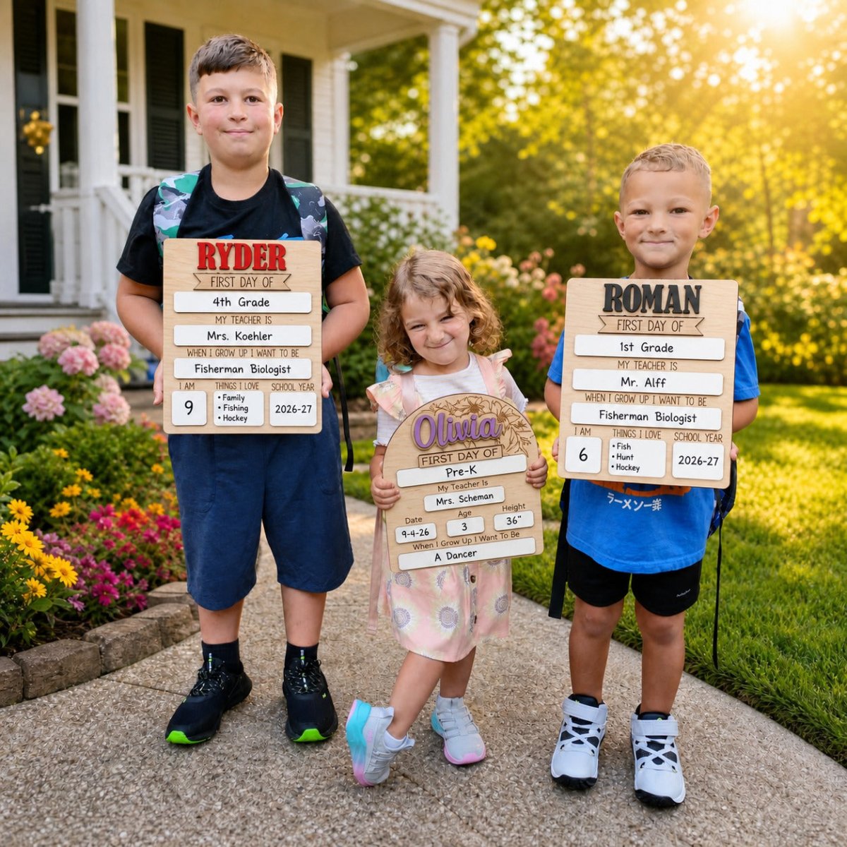 Personalized first day of school signs siblings Ryder rectangle in red Olivia floral arch in purple Roman rectangle in black maple wood