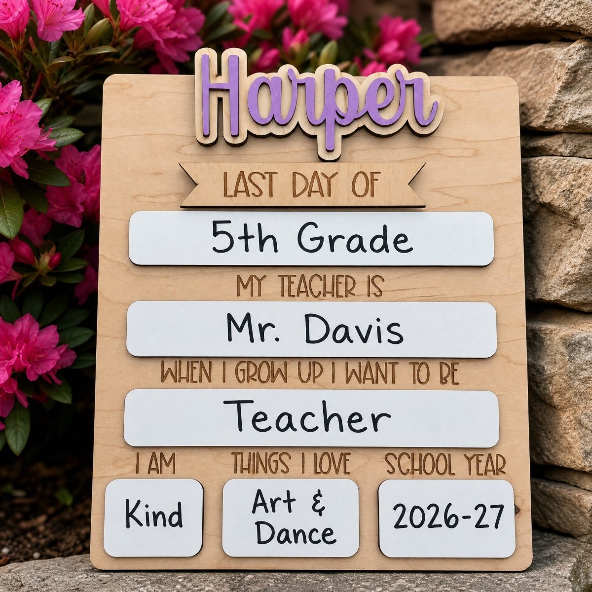 Personalized rectangle first day of school sign Harper standalone lifestyle photo with pink azalea flower background