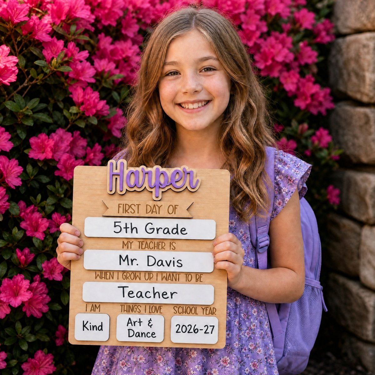 Personalized rectangle first day of school sign with Harper in lilac name piece — girl holding sign in front of pink azalea flowers