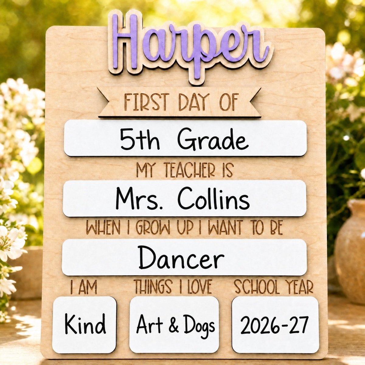 Personalized rectangle first day of school sign Harper lilac name piece maple wood with filled whiteboard 5th grade 2026-27