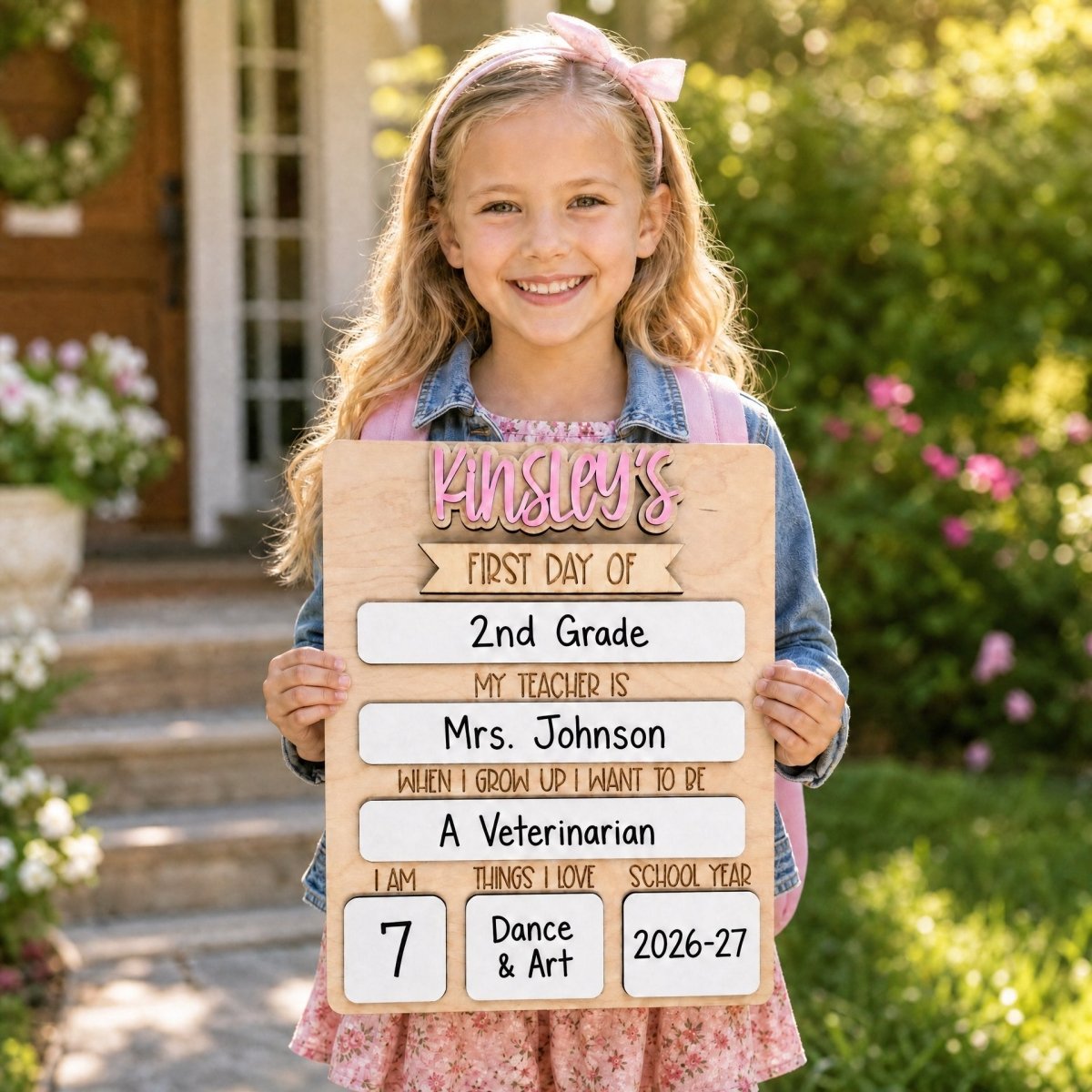 Young girl holding personalized rectangle first day of school sign on her first day — maple wood board with pink Kinsley name letters, filled-in whiteboard sections, smiling outdoors in front of home