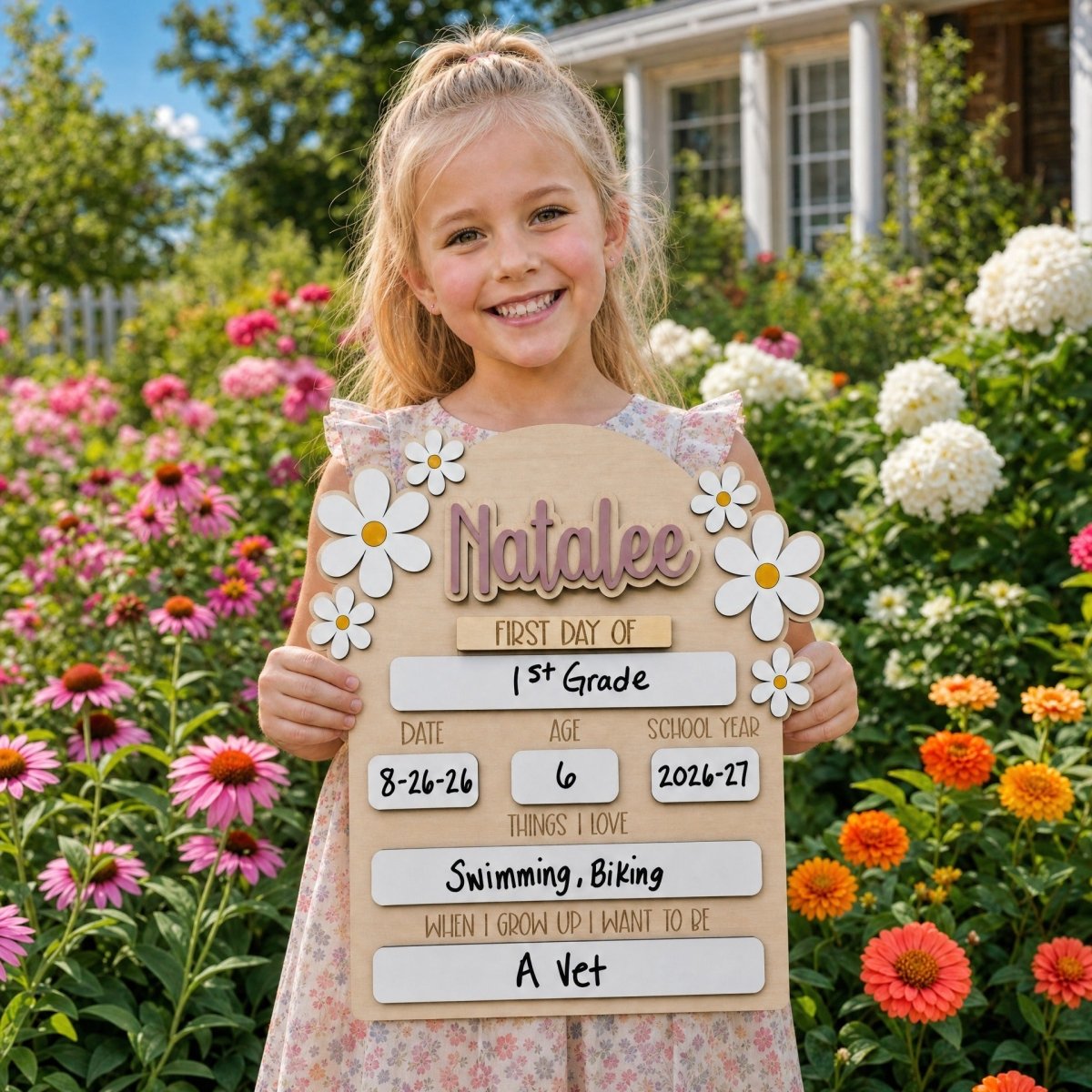 Personalized first day of school daisy sign Natalee mauve girl holding milestone board 2026-27