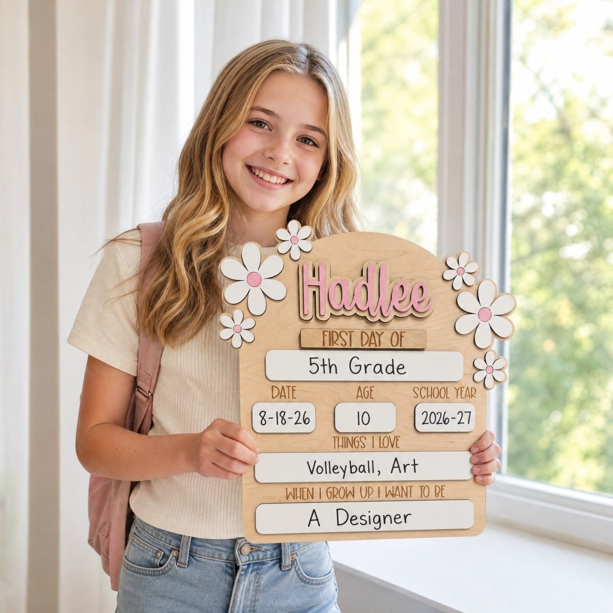 Personalized first day of school daisy sign Hadlee pink girl holding milestone board 2026-27