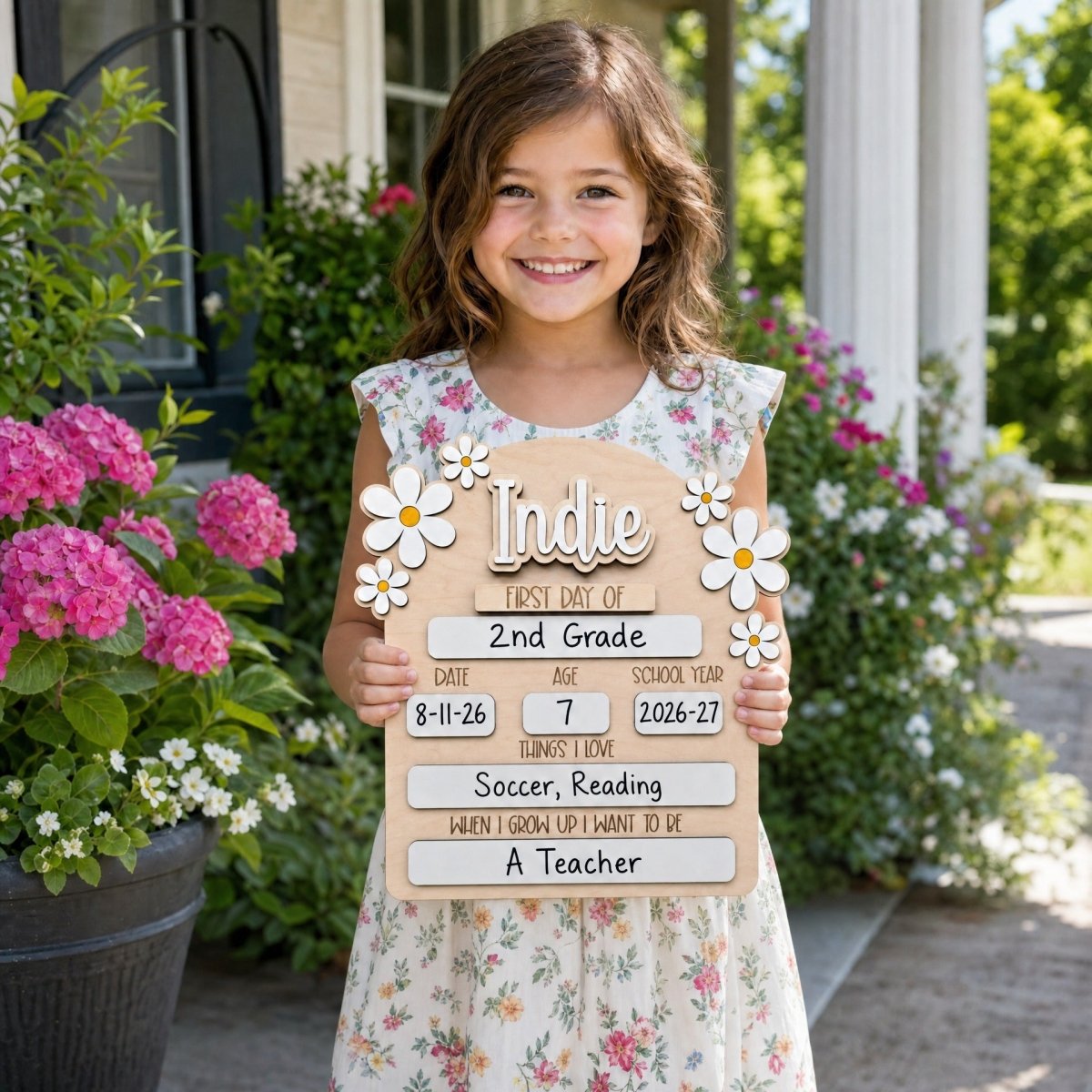 Personalized first day of school daisy sign Indie white girl holding milestone board 2026-27