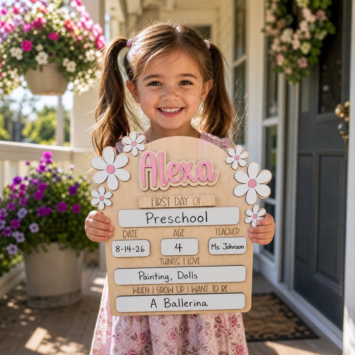Personalized first day of school daisy sign Alexa pink girl holding milestone board 2026-27