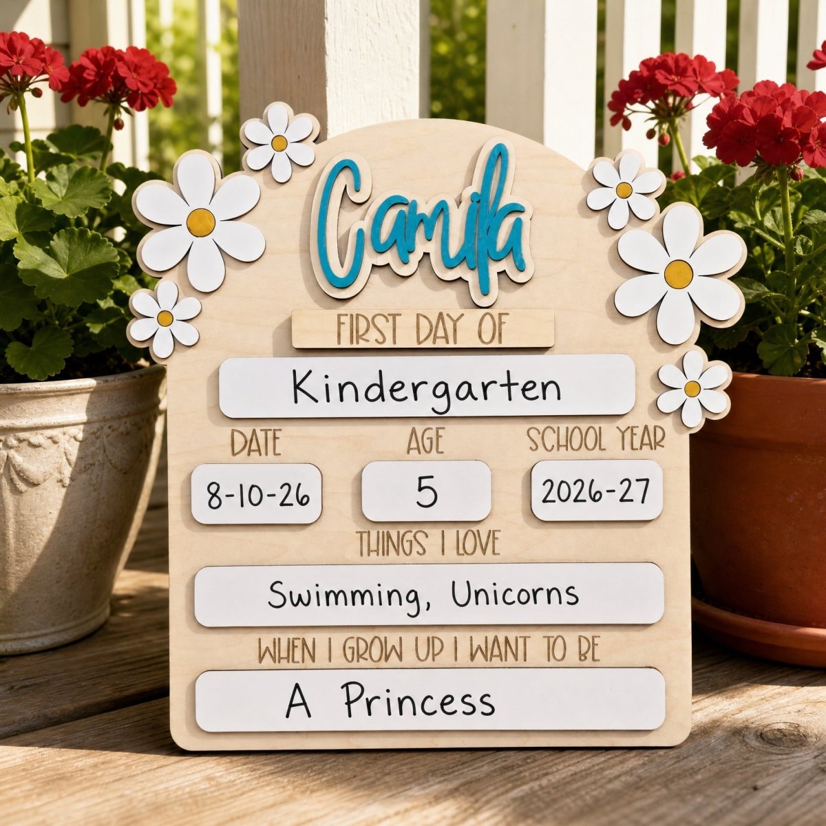 Personalized first day of school daisy sign Camila teal standalone wooden milestone board 2026-27