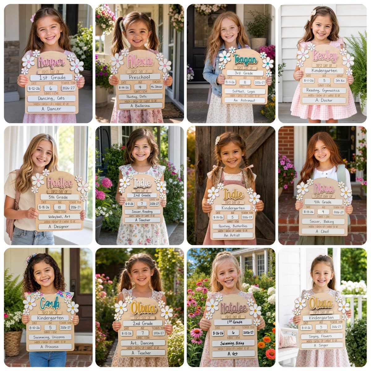 Personalized first day of school daisy sign all styles kids holding collage milestone board 2026-27