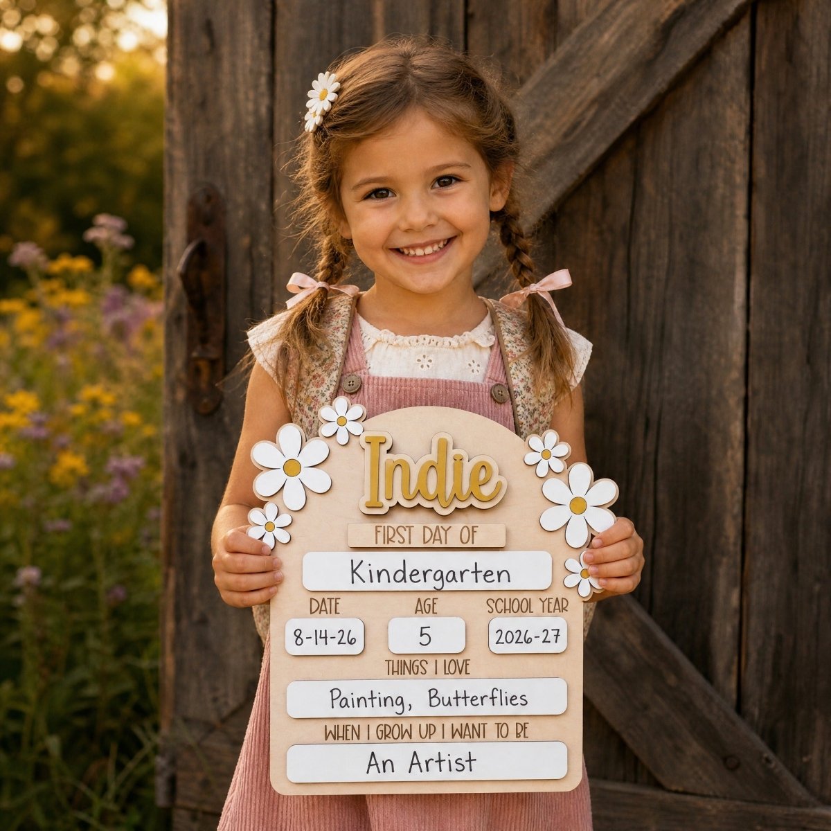 Personalized first day of school daisy sign Indie gold girl holding milestone board 2026-27