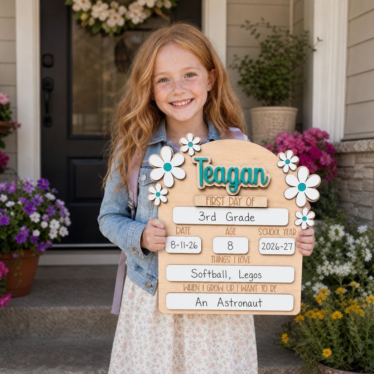 Personalized first day of school daisy sign Teagan teal girl holding milestone board 2026-27