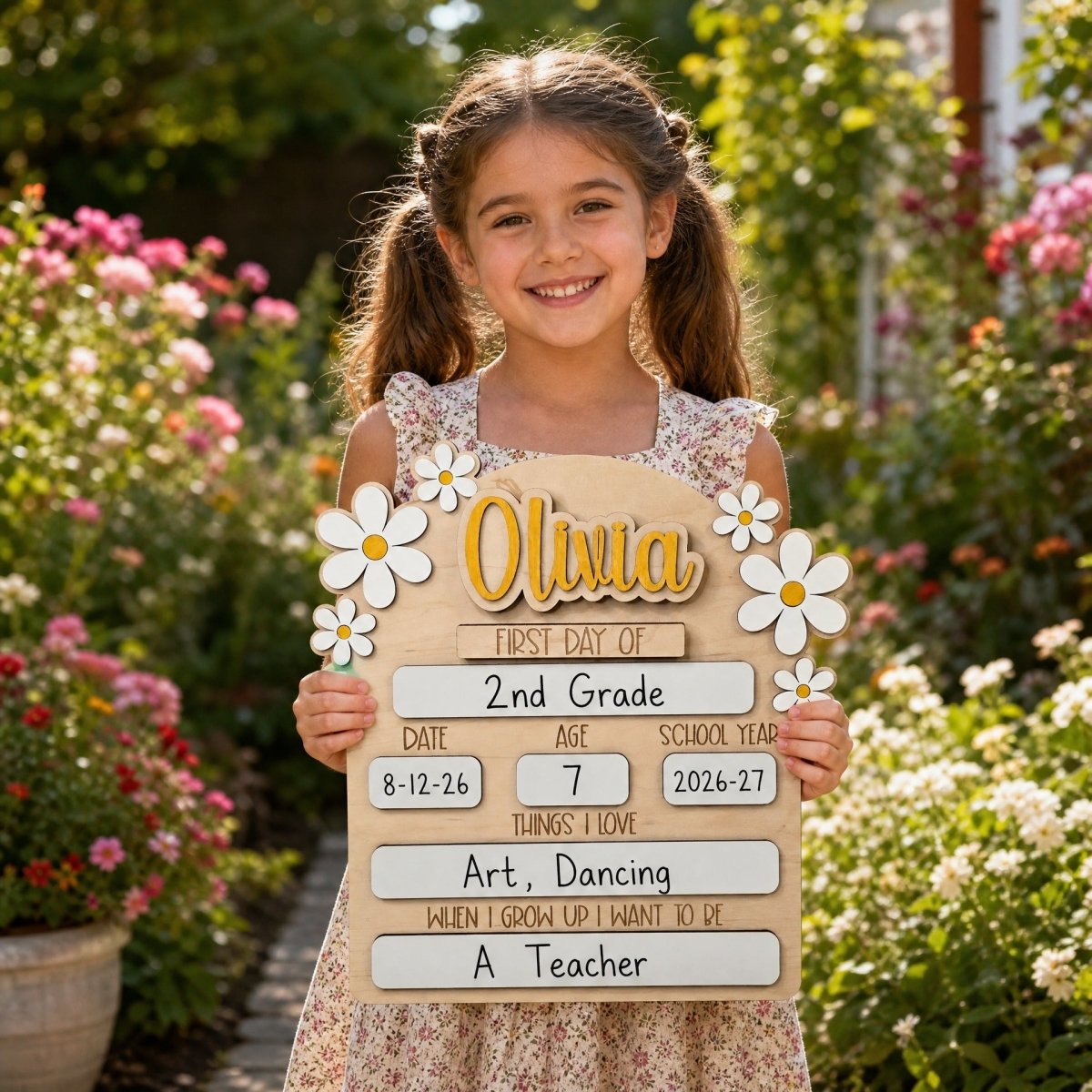 Personalized first day of school daisy sign Olivia gold mustard girl holding milestone board 2026-27
