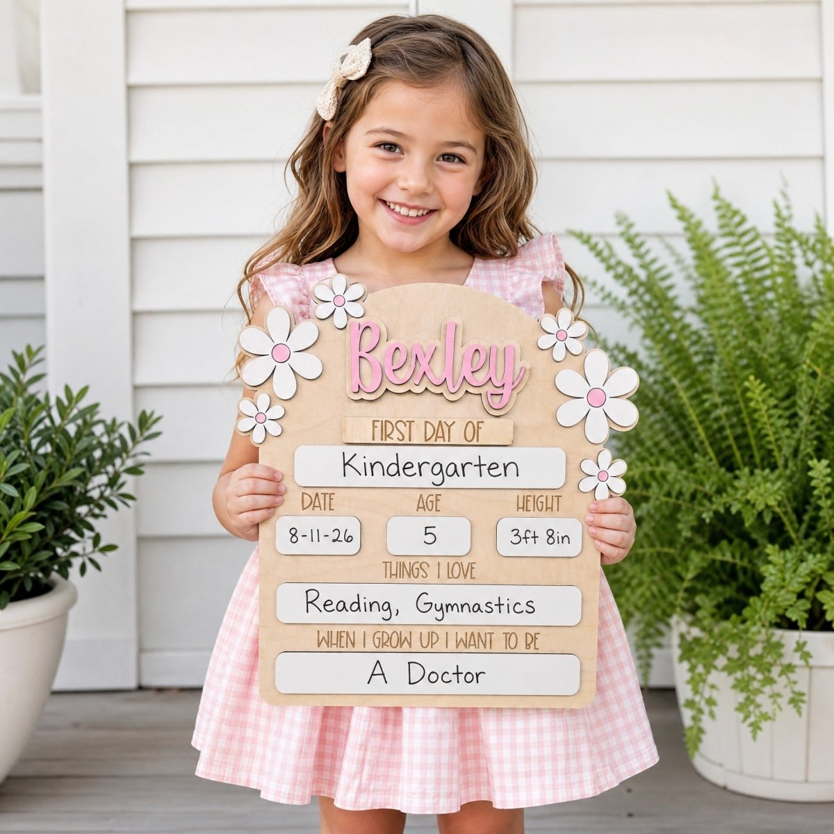 Personalized first day of school daisy sign Bexley pink girl holding milestone board 2026-27