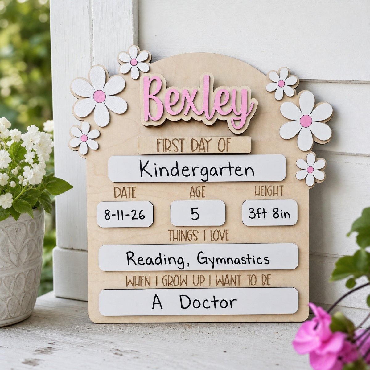 Personalized first day of school daisy sign Bexley pink standalone wooden milestone board 2026-27