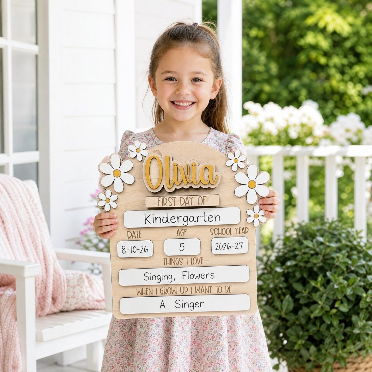 Personalized first day of school daisy sign Olivia gold girl holding milestone board 2026-27