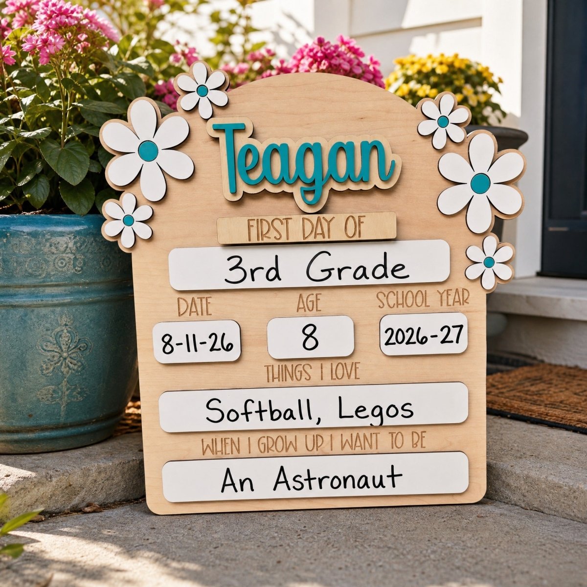 Personalized first day of school daisy sign Teagan teal standalone wooden milestone board 2026-27