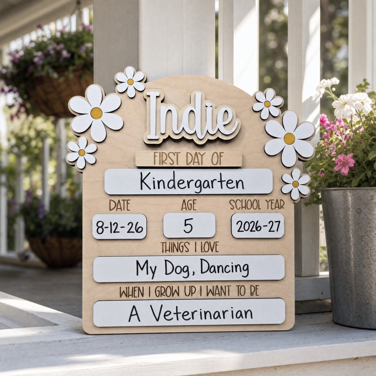 Personalized first day of school daisy sign Indie white standalone wooden milestone board 2026-27