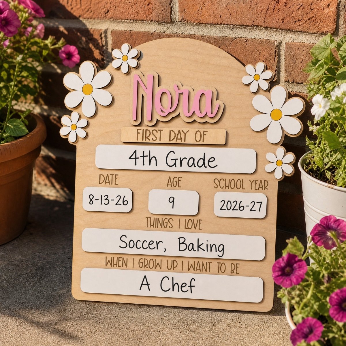 Personalized first day of school daisy sign Nora pink standalone wooden milestone board 2026-27