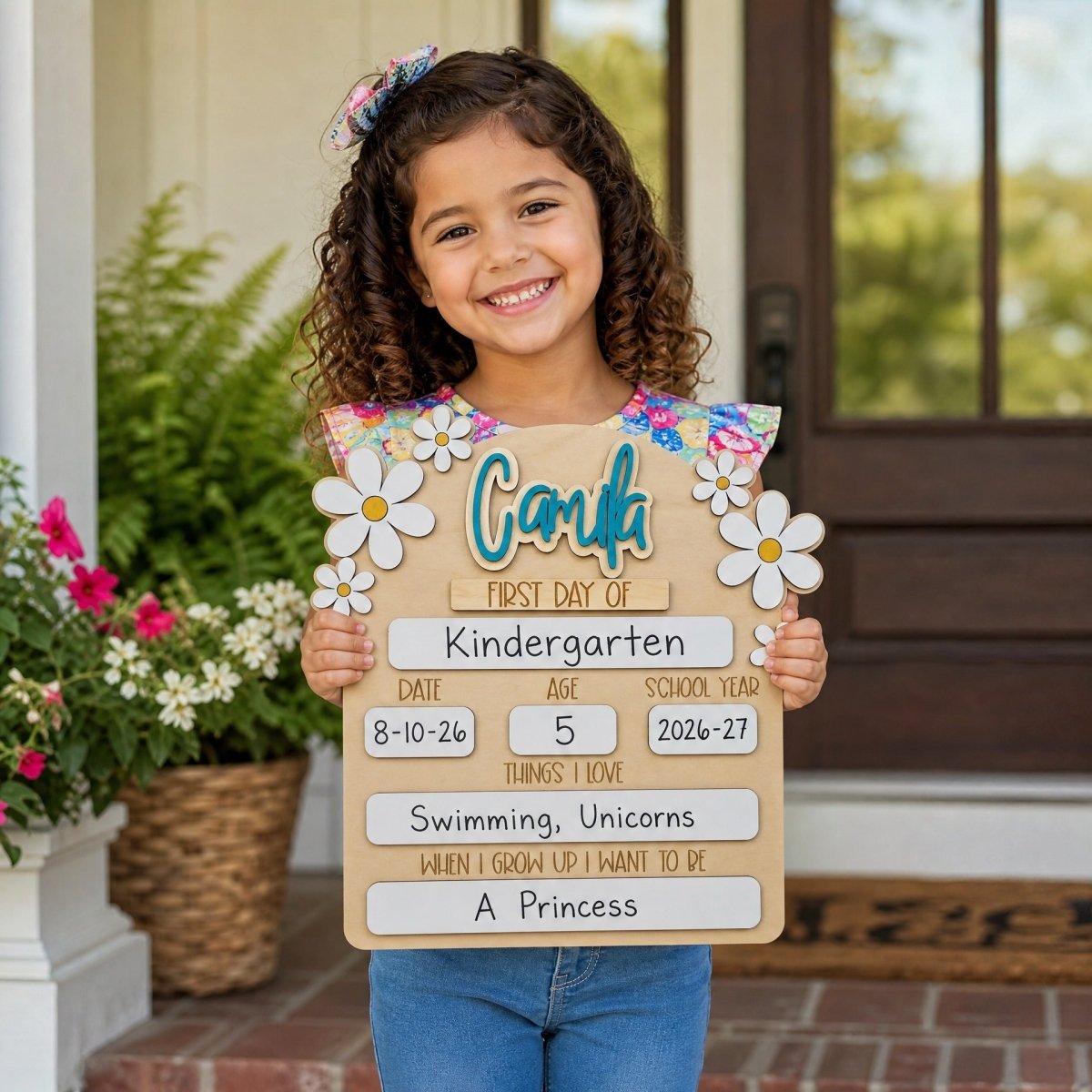 Personalized first day of school daisy sign Camila teal girl holding milestone board 2026-27