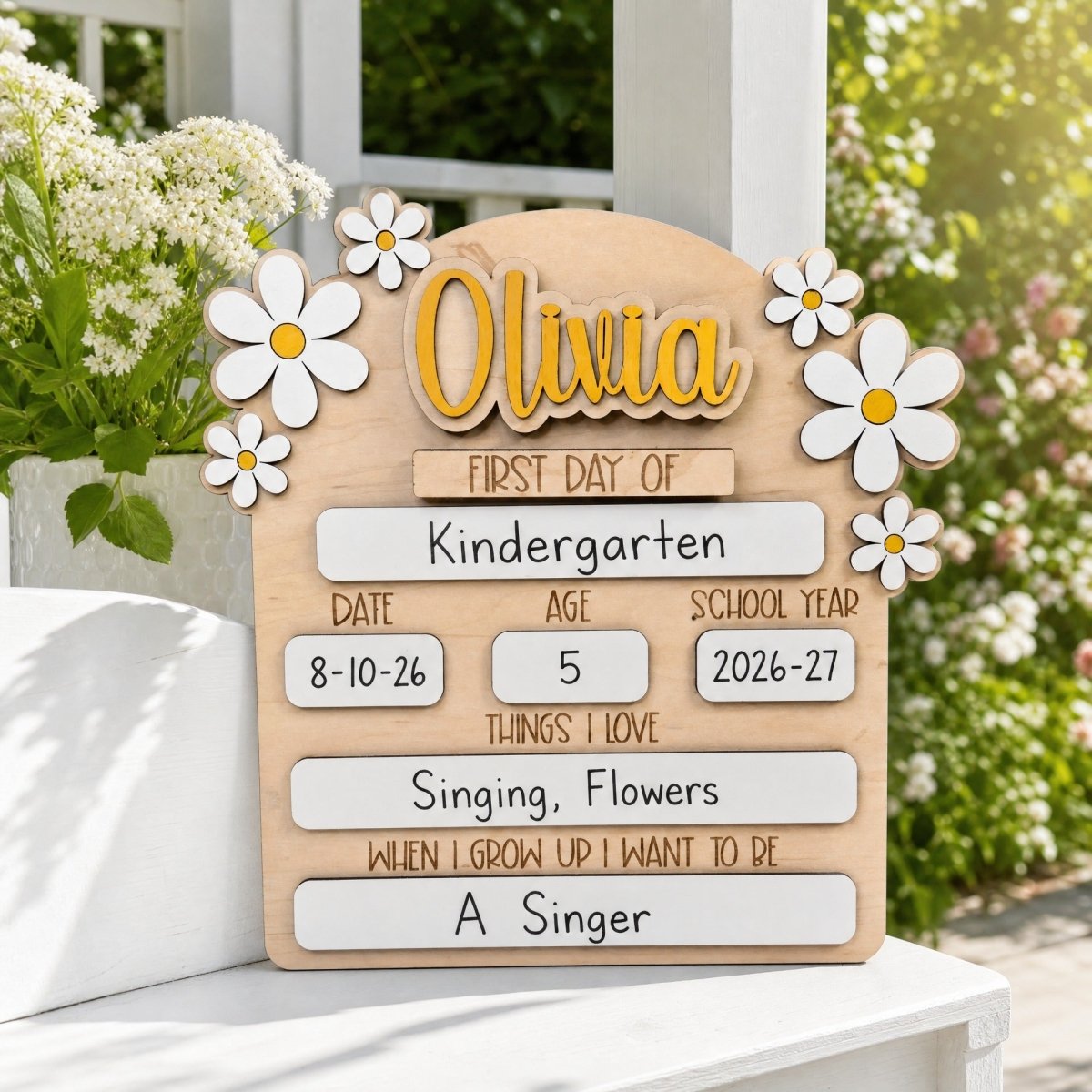 Personalized first day of school daisy sign Olivia gold standalone wooden milestone board 2026-27