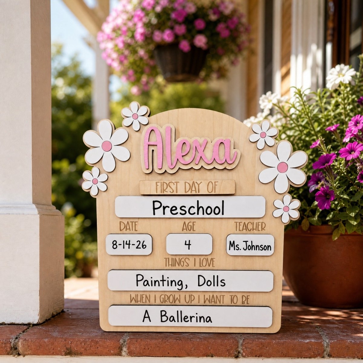 Personalized first day of school daisy sign Alexa pink standalone wooden milestone board 2026-27