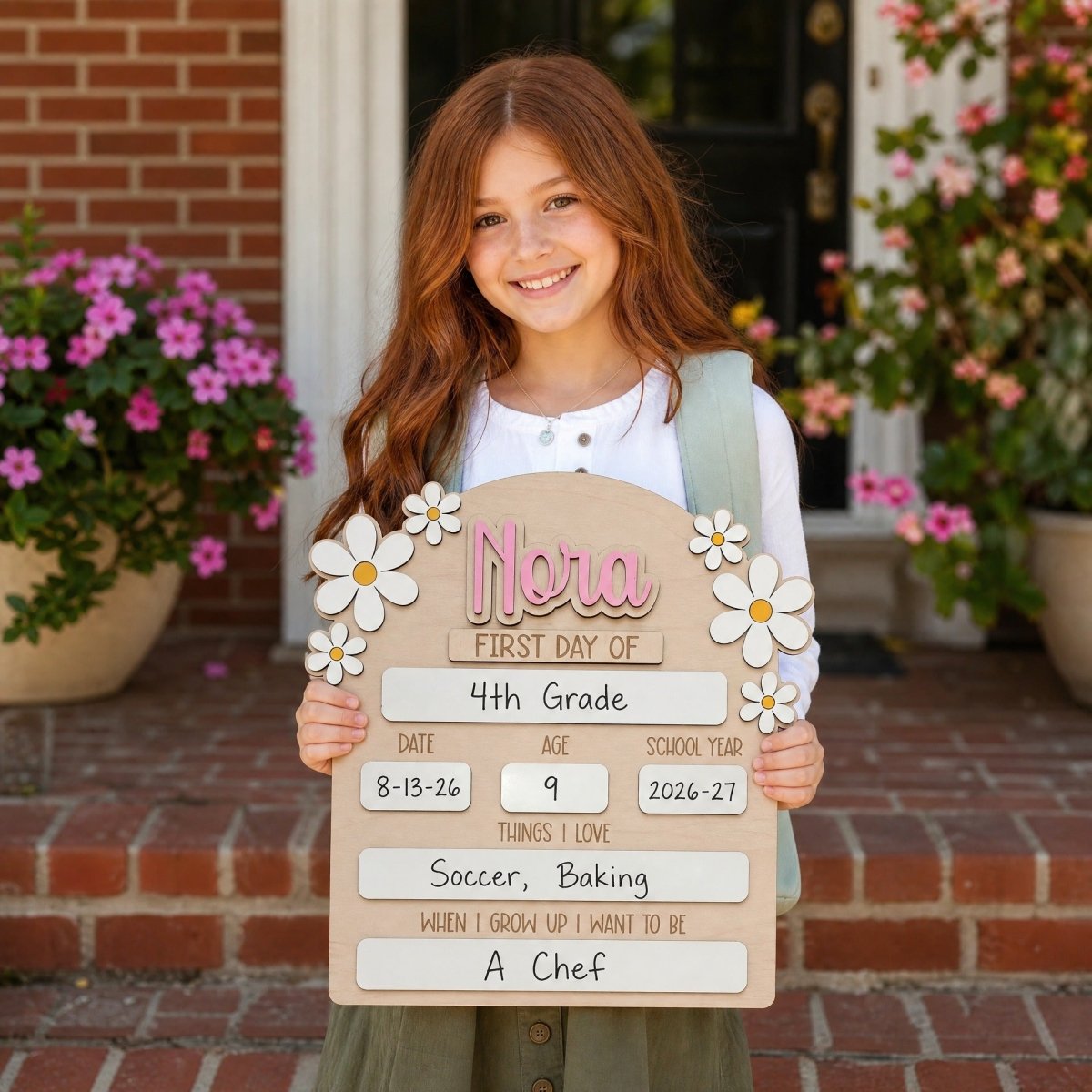 Personalized first day of school daisy sign Nora pink girl holding milestone board 2026-27