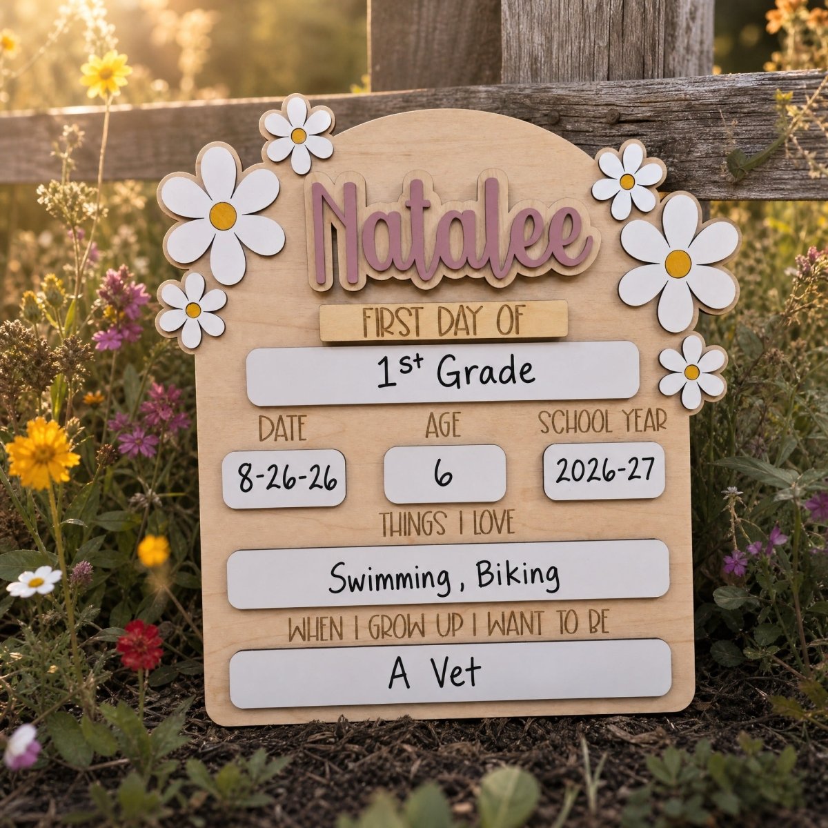 Personalized first day of school daisy sign Natalee mauve standalone wooden milestone board 2026-27