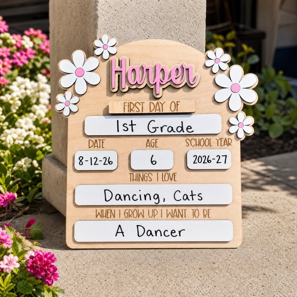 Personalized first day of school daisy sign Harper pink standalone wooden milestone board 2026-27