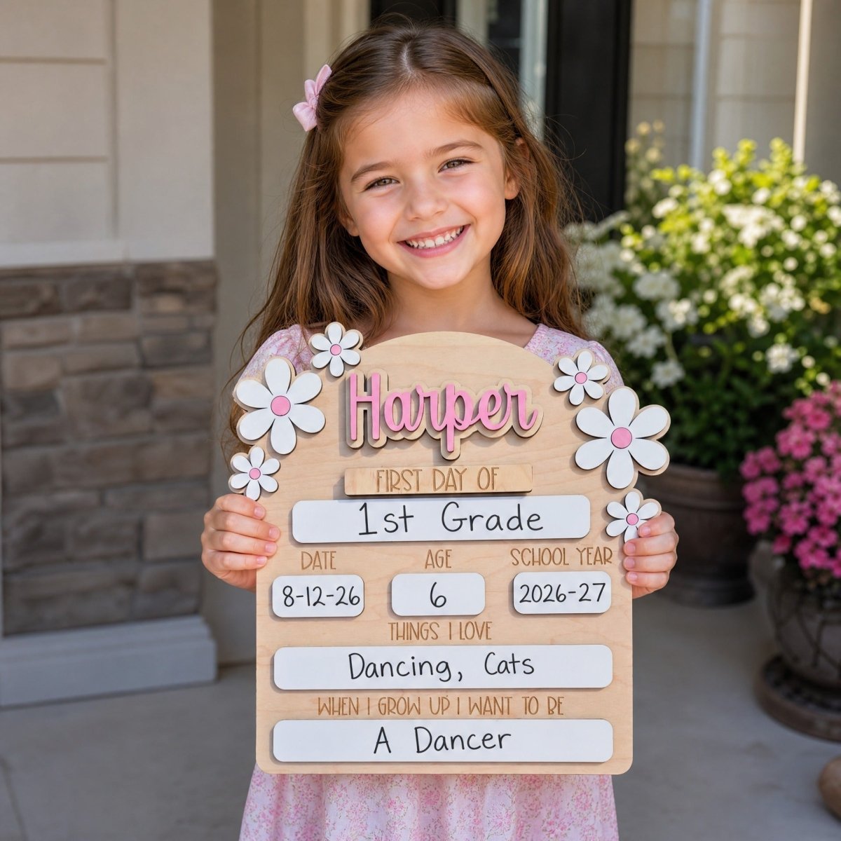 Personalized first day of school daisy sign Harper pink girl holding milestone board 2026-27