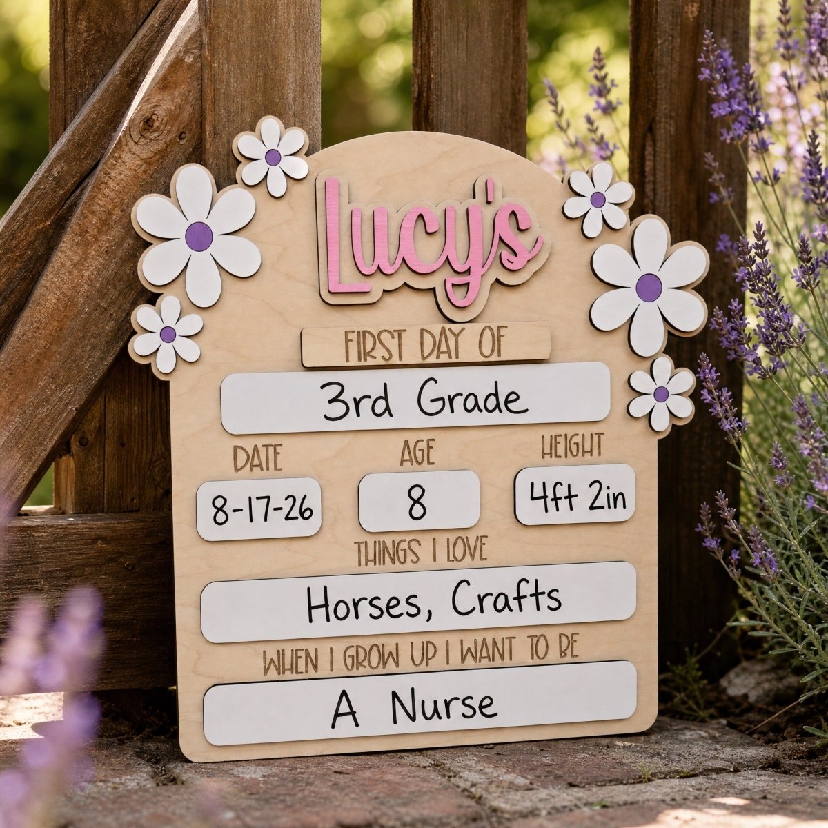 Personalized first day of school daisy sign Lucys purple standalone wooden milestone board 2026-27