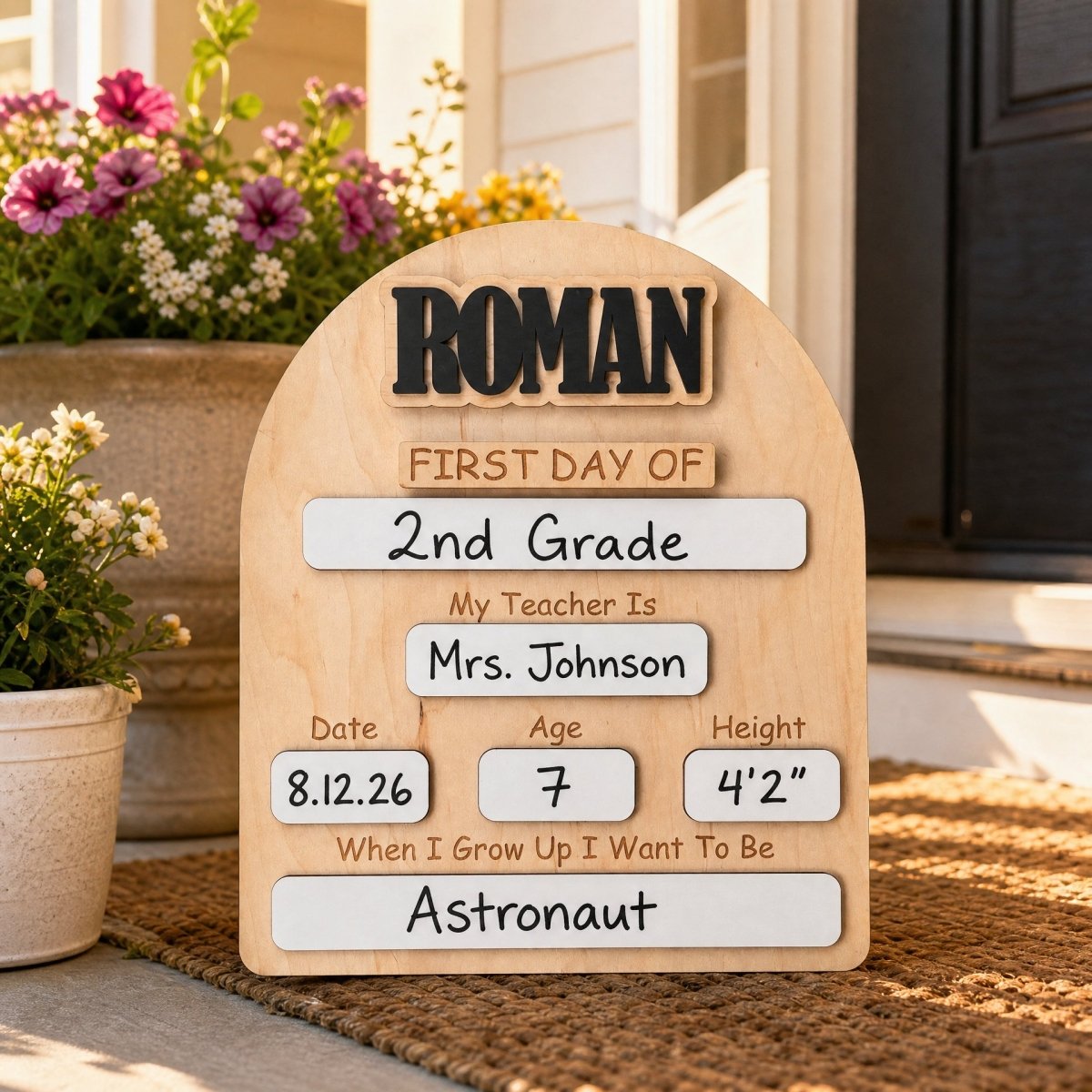 Personalized rounded arch first day of school sign Roman standalone lifestyle maple wood with filled whiteboard 2026-27