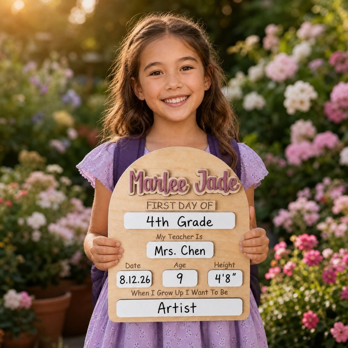 Girl holding custom rounded arch first day of school board with purple script name
