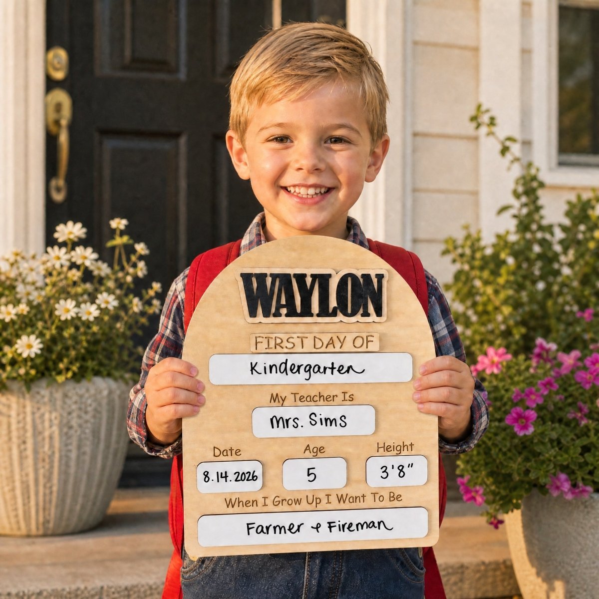 Personalized rounded arch first day of school sign Waylon in black font — boy holding sign on sunny front porch