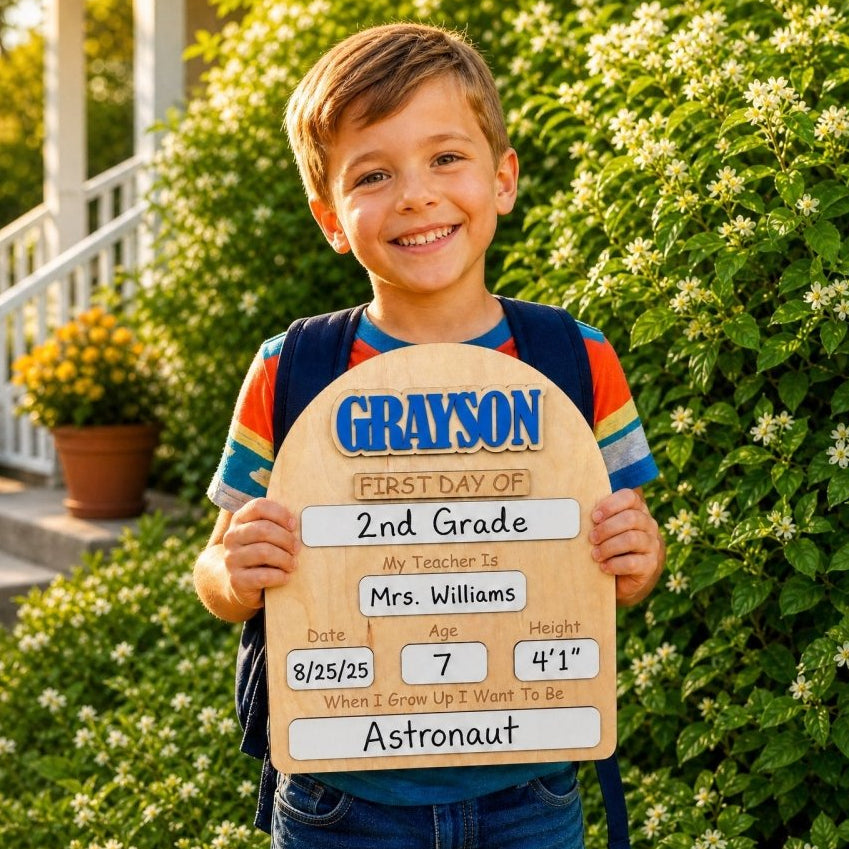Custom wooden back to school milestone board with dry erase sections and blue 3D name