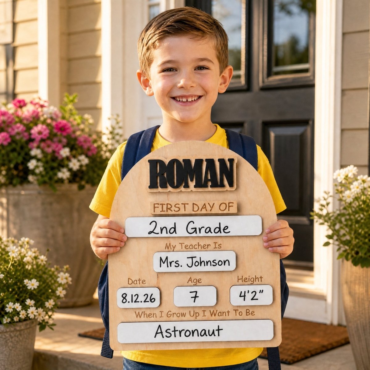 Personalized rounded arch first day of school sign Roman in black block font — boy holding sign on front porch