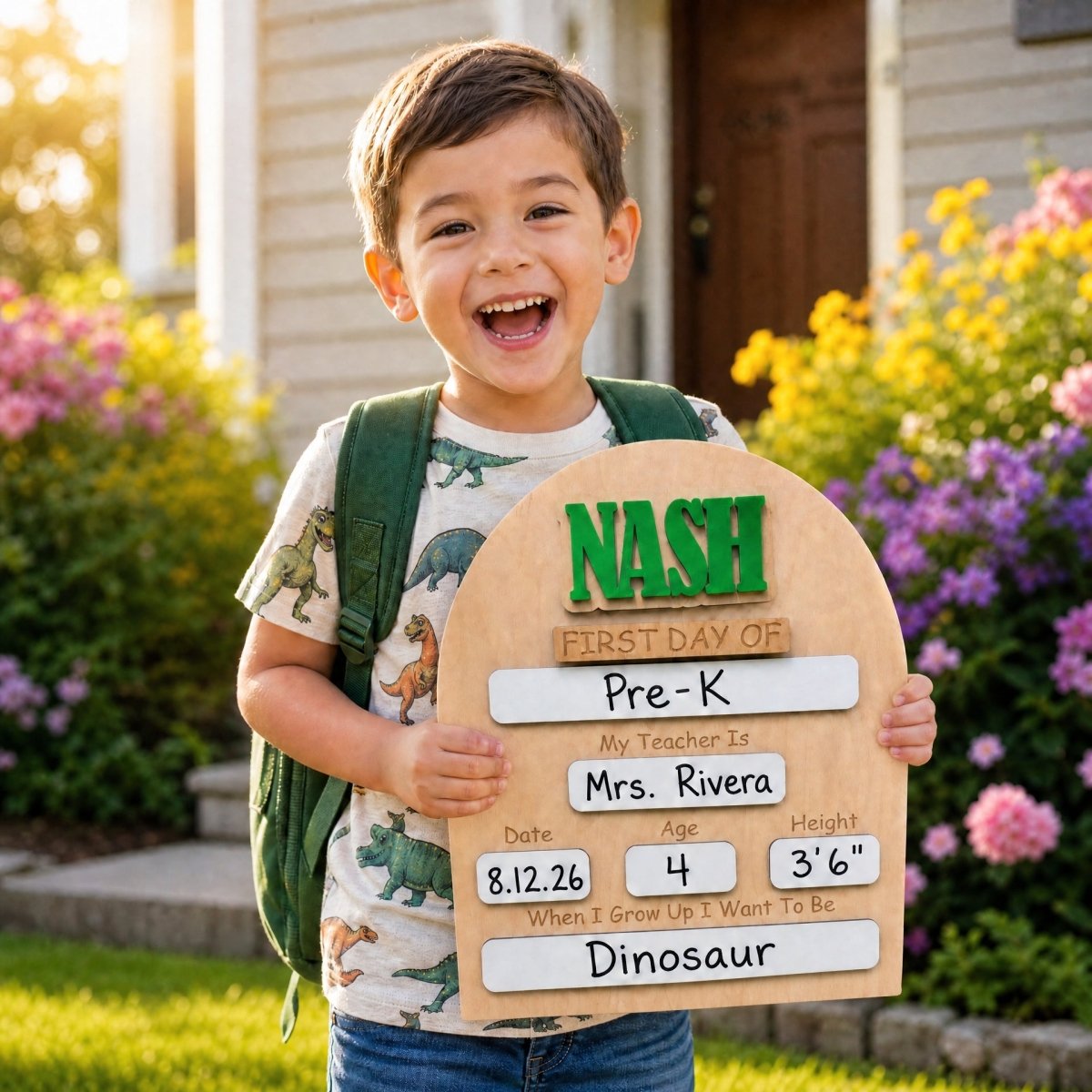 Boy holding personalized maple wood first day of school sign with green 3D name
