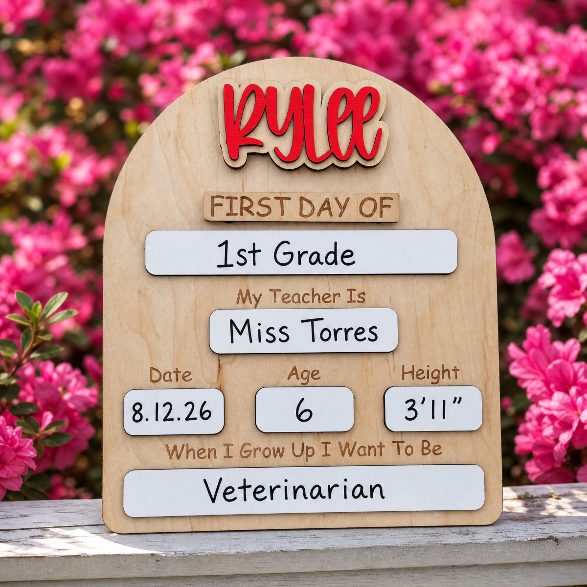 Custom rounded arch maple wood back to school sign with red 3D script name