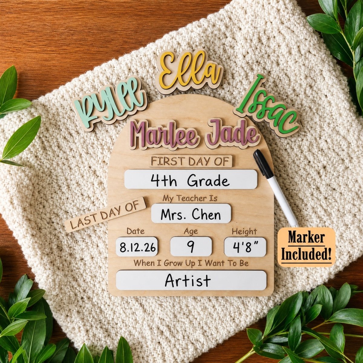 Personalized rounded arch school sign Marlee Jade flat lay with interchangeable name pieces and dry erase marker included