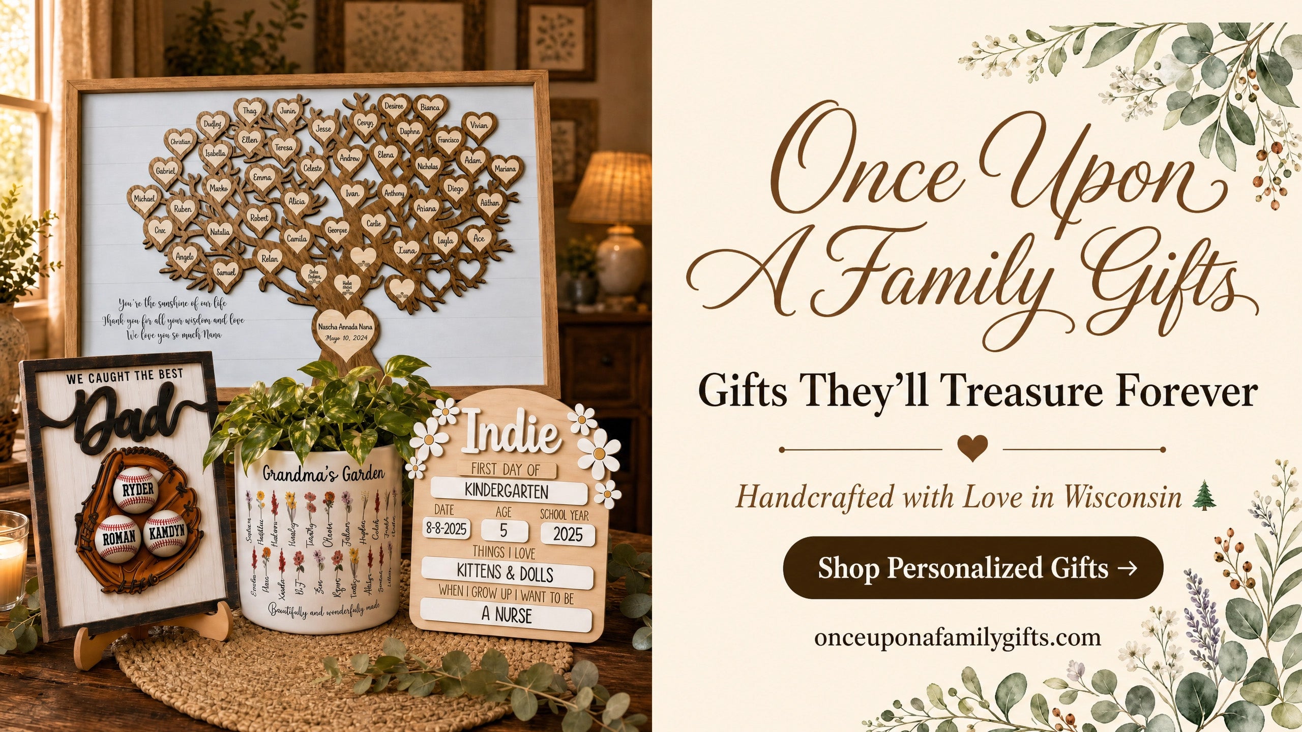 Decorative family tree and personalized signs on a wooden surface with promotional text for 'Once Upon A Family Gifts'.