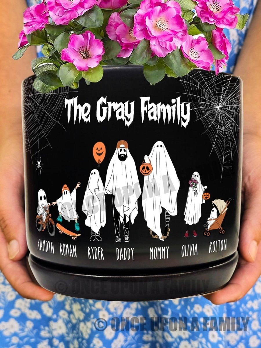 Personalized Halloween Ghost Family Ceramic Flower Planter, Unique Spooky Season Decor, Indoor/Outdoor Potter Plant Pot, Gift for Her, Him