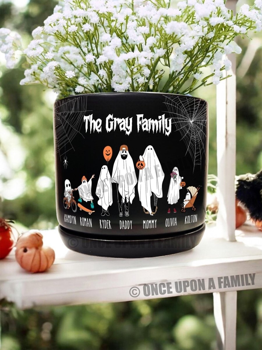 Personalized Halloween Ghost Family Ceramic Flower Planter, Unique Spooky Season Decor, Indoor/Outdoor Potter Plant Pot, Gift for Her, Him