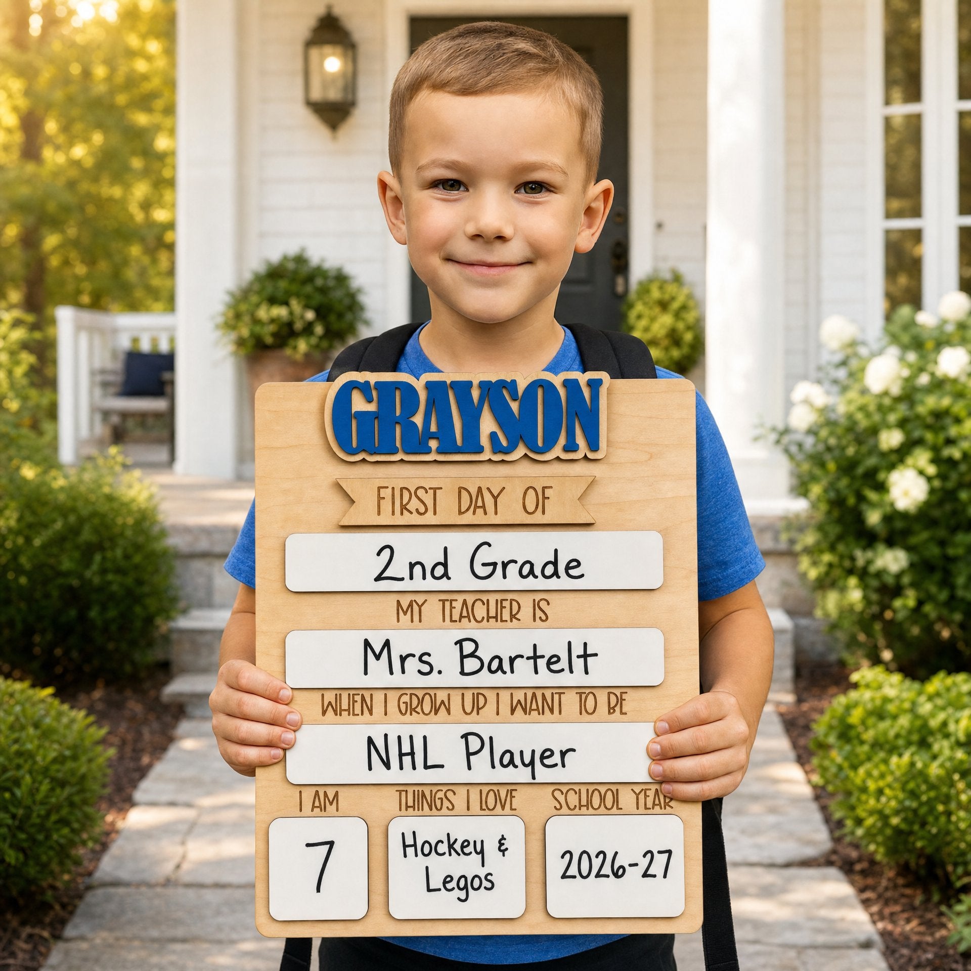 Boy holding personalized rectangle first day of school sign — maple wood board with bold blue GRAYSON name, filled-in dry-erase sections showing 2nd Grade, Mrs. Bartelt, NHL Player, age 7, Hockey and Legos, 2026-27 school year, smiling outdoors in front of home