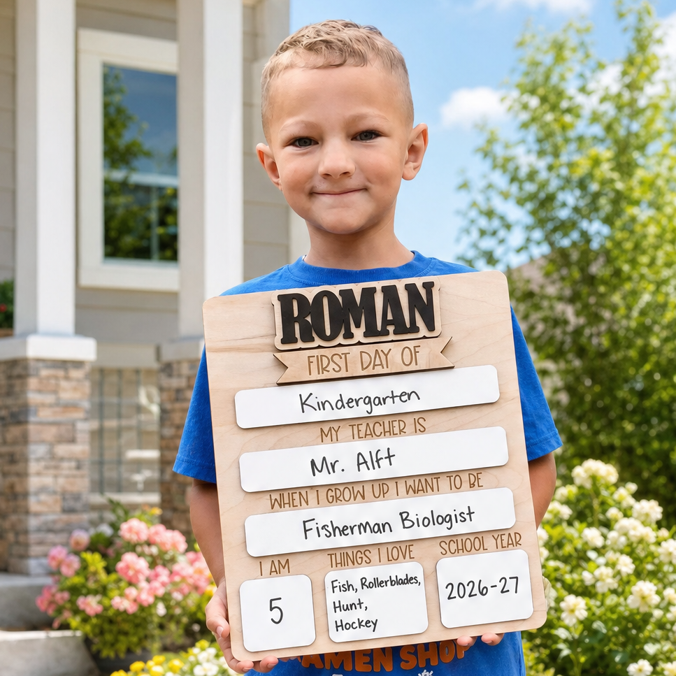 Boy holding personalized rectangle first day of school sign — maple wood board with bold ROMAN name, filled-in dry-erase sections showing Kindergarten, Mr. Alft, Fisherman Biologist, age 5, and 2026 school year, smiling outdoors in front of home