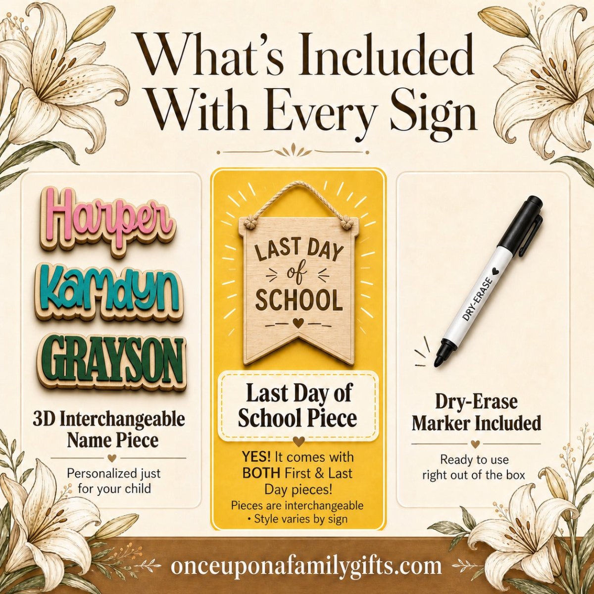 Infographic detailing what is included with custom back to school milestone boards: 3D interchangeable name pieces, last day of school banner piece, and a dry-erase marker