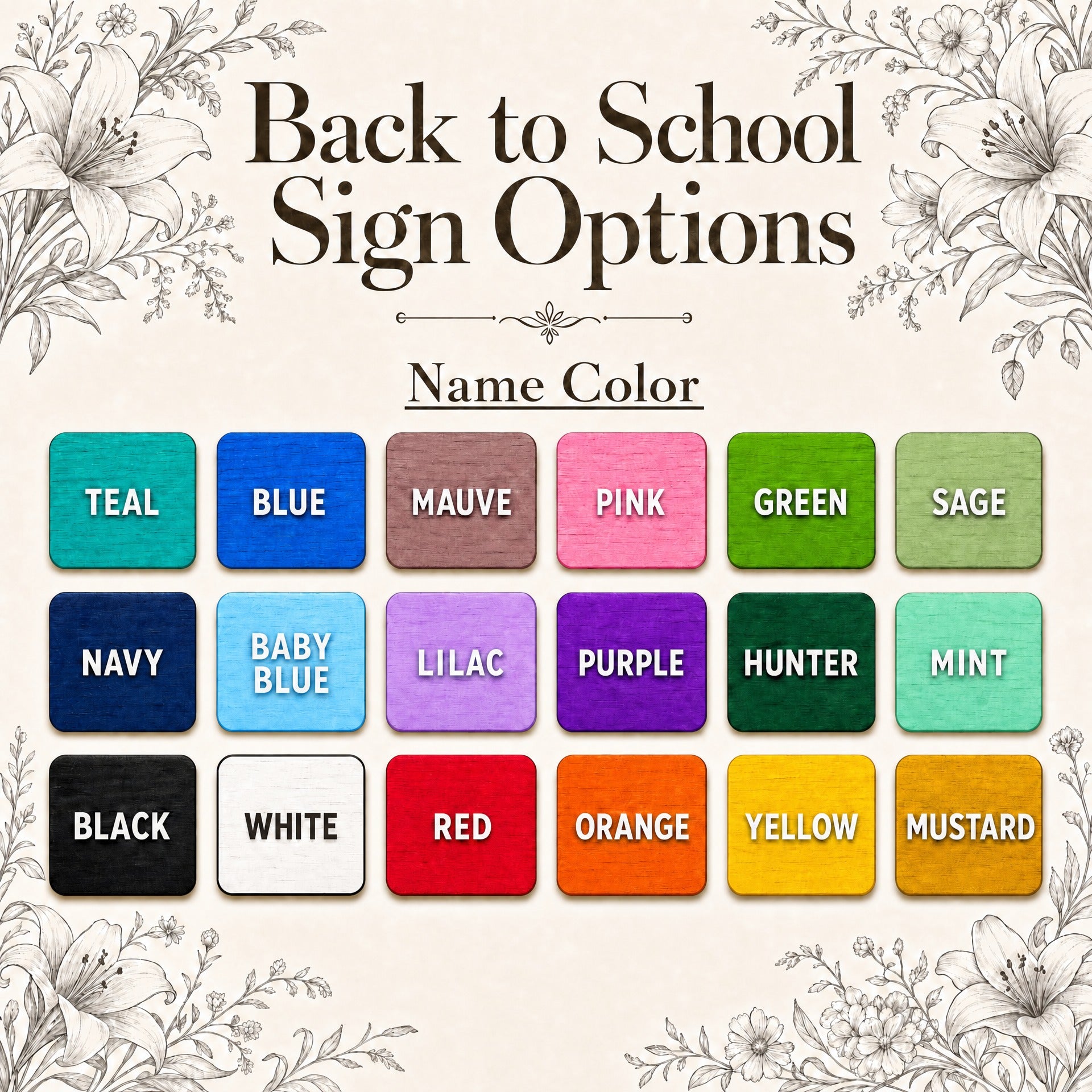 Back to school sign name color options chart — 18 colors including teal, blue, pink, lilac, mustard, navy, sage and more on maple wood